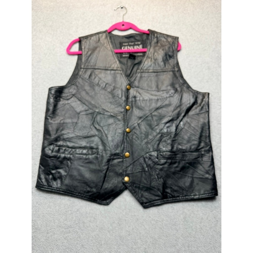 Genuine Leather Patchwork Biker Vest Mens Black Brass Snap Button V-Neck XL